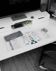 32x12 inches anime mouse pad featuring Kira Yamato below a Strike Gundam blueprint-style technical sheet.