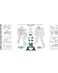Strike Gundam blueprint-style anime desk pad with labeled parts and decals, 36x16 inches.