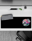 Immersive 32x12 mouse pad features crashing wave and neon sunset for fans of retro-futuristic artistry