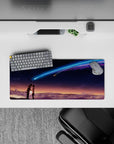 28x12 inches anime mouse pad in dreamy sunset-to-night gradient, soft glow, neon blue-violet comet mood.