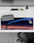 32x12 inches anime mouse pad in deep indigo, blue-violet comet glow, and warm sunset fade for a dreamy mood.