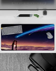 32x16 inches anime mouse pad in dreamy blue-violet glow with warm sunset fade, calm romantic mood.