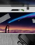 Dreamy 40x20 inches anime desk pad in indigo, violet, and neon blue with soft glow and calm romantic mood.