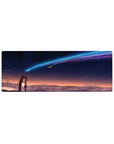 32x12 inches anime mouse pad with students under an indigo sky and a neon comet over sunset clouds.