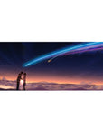 36x16 inches anime desk pad with student couple under indigo sky and neon comet, cinematic sunset horizon.
