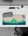 28x12 inches mouse pad with green mountains and soft peach skies, offering a calm, peaceful atmosphere for gaming or work.