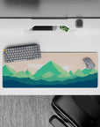 32x12 inches mouse pad featuring green mountains and soft peach skies for a calming workspace atmosphere and smooth surface.