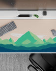 40x20 inches mouse pad with green mountains, minimalist layers, and soft peach skies for a tranquil workspace or gaming setup.