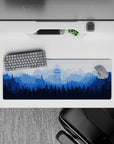 32x12 inches mouse pad featuring misty blue mountain landscape with a watchtower, ideal for adding serene beauty and tranquility to your desk.