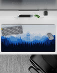 32x16 inches mouse pad with misty blue mountain landscape and a watchtower, offering a peaceful, smooth surface for work and gaming setups.