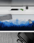 36x16 inches mouse pad with misty blue mountain landscape and watchtower, providing a smooth surface and calming, natural beauty for any desk.