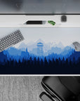40x20 inches mouse pad with misty blue mountain landscape and watchtower, offering a smooth surface for work or gaming with serene, natural beauty.