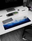 Artistic 32x12 inches mouse pad with misty blue mountain landscape and watchtower for a calming, peaceful workspace design.