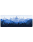 Compact 32x12 inches mouse pad with misty blue mountain landscape and watchtower, offering a smooth surface and a calming, natural design.