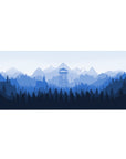 Mouse pad featuring misty blue mountain landscape, 36x16 inches, with a watchtower for a peaceful, natural design ideal for work and gaming setups.