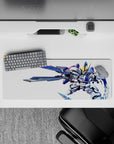 32x12 inches anime mouse pad in electric blue and white with bold gold accents, fast fearless vibe.