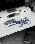 Mecha pilot chibi Gundam scene anime mouse pad 28x12 inches, twin giant swords slashing like panels.