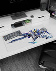Chibi Gundam pilot mecha with oversized blades on anime mouse pad 32x16 inches, comic-panel feel.