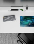 14x10 inches mouse pad featuring oceanic abstract design, with blue and green hues swirling for a peaceful, dynamic vibe.