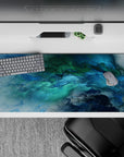 36x16 inches desk pad with oceanic abstract design, blending blue and green hues for a tranquil yet dynamic vibe in your workspace.