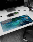 Artistic 36x16 inches desk pad featuring oceanic abstract design, with swirling blue and green hues to bring movement and tranquility to your desk.