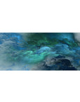 Desk pad featuring oceanic abstract design, 36x16 inches, with swirling blue and green hues for a serene, calming, and dynamic workspace effect.