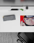 Red-background anime mouse pad 14x10 inches with intense, edgy vibe and crisp metal details.