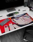 Pain (Nagato) close-up with ripple Rinnegan eyes on red, Naruto Shippuden desk pad 40x20 inches.