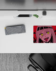 Chaotic 14x10 mouse pad featuring Nayuta with glowing eyes, razor-sharp fangs, and a crimson battlefield for an intense, villainous desk design