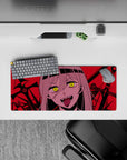 Chaotic energy 28x12 mouse pad with Nayuta's glowing eyes and fangs, set in a crimson battlefield for a dramatic and villainous desk design