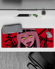 Villainous 32x12 mouse pad with Nayuta, glowing eyes, razor-sharp fangs, and a crimson battlefield for a chaotic, intense desk vibe