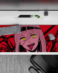 Villainous 36x16 desk pad featuring Nayuta's glowing eyes, fangs, and a crimson battlefield, perfect for fans of chaotic and intense anime aesthetics