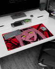 Intense 32x16 mouse pad with Nayuta, glowing eyes, fangs, and a crimson battlefield, perfect for fans of dramatic and unhinged anime aesthetics