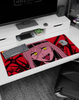 Powerful 36x16 anime desk mat with Nayuta, the Control Devil, in a crimson battlefield with glowing eyes and razor-sharp fangs for a dramatic desk vibe