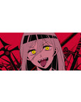 Nayuta Control Devil 36x16 desk pad with glowing eyes, razor-sharp fangs, and a crimson battlefield, creating a bold and intense atmosphere for your desk