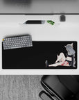 Charcoal backdrop anime girl mouse pad 32x12 inches in moody tones with amber shades and white stripes.
