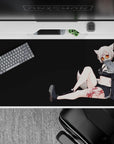 Charcoal background anime desk pad 40x20 inches in moody dark tones with amber accents and white stripes.
