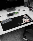 Fox-eared anime girl lounging with amber sunglasses on a charcoal backdrop desk pad 36x16 inches.
