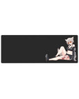 Anime girl mouse pad 32x12 inches with fox girl, snowy hair, fluffy ears, black sporty outfit, tattoo.