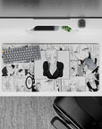 Black-and-white dot-shade anime desk mat with blonde pinup vibes and playful chaos, 32x16 inches.
