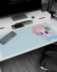 40x20 inches desk pad showing a pink-haired anime girl with navy headphones, minimal lines, blue backdrop.
