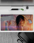 Anime girl mouse pad 32x16 inches in warm sunset tones, lilac flares, dreamy bokeh, soft lonely vibe.
