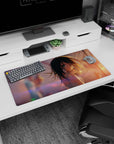 Anime girl mouse pad 32x16 inches featuring teal-eyed girl with flowing dark hair, white strappy top.