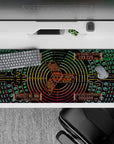 Cyber-inspired 36x16 desk pad with a vibrant fusion of neon circuits and Magi System commands, perfect for a futuristic, cyberpunk-inspired desk
