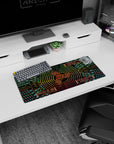 Futuristic 28x12 mouse pad with neon circuits, cryptic commands, and NERV aesthetics for a bold, cyber-themed desk environment