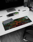 Futuristic 32x12 mouse pad with neon circuits and Magi System elements, creating a high-tech, cyber-themed atmosphere at your workspace