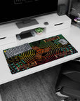 Futuristic 32x16 mouse pad with vibrant neon circuits and Magi System commands, perfect for creating a cyber-themed, high-tech atmosphere