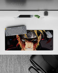 Anime mouse pad 28x12 inches in hot gold, icy blue, and deep black tones with intense showdown vibe.