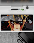 High-contrast gold, icy blue, deep black and red splatter anime desk mat, moody vibe, 32x16 inches.