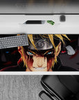 High-contrast anime desk pad 36x16 inches in gold, icy blue, and deep black for a dramatic vibe.